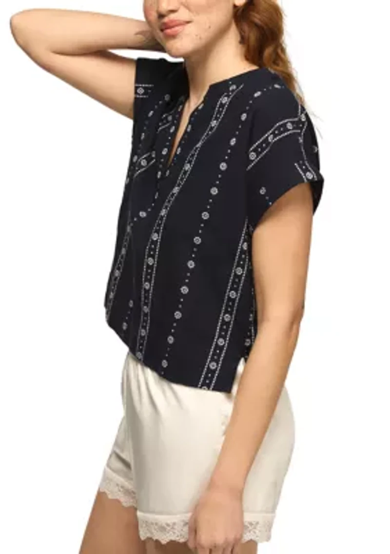 Women's Split Neck Vertical Embroidered Woven Top