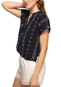 Women's Split Neck Vertical Embroidered Woven Top