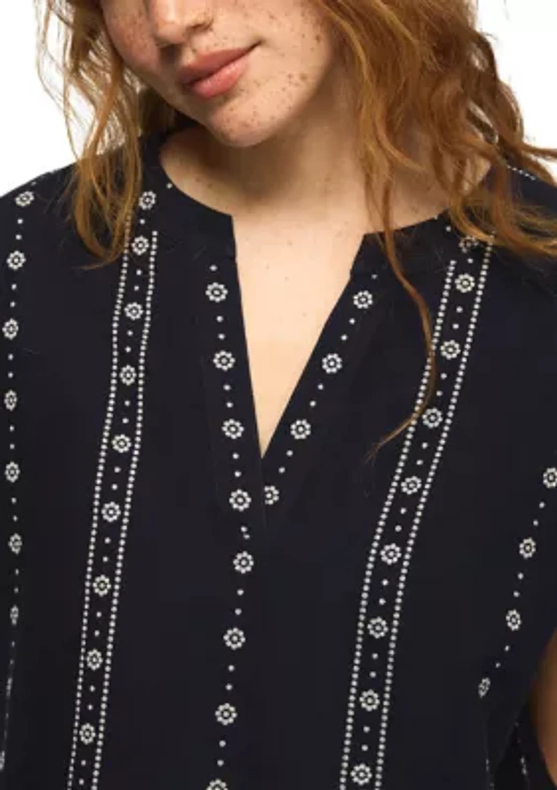 Women's Split Neck Vertical Embroidered Woven Top