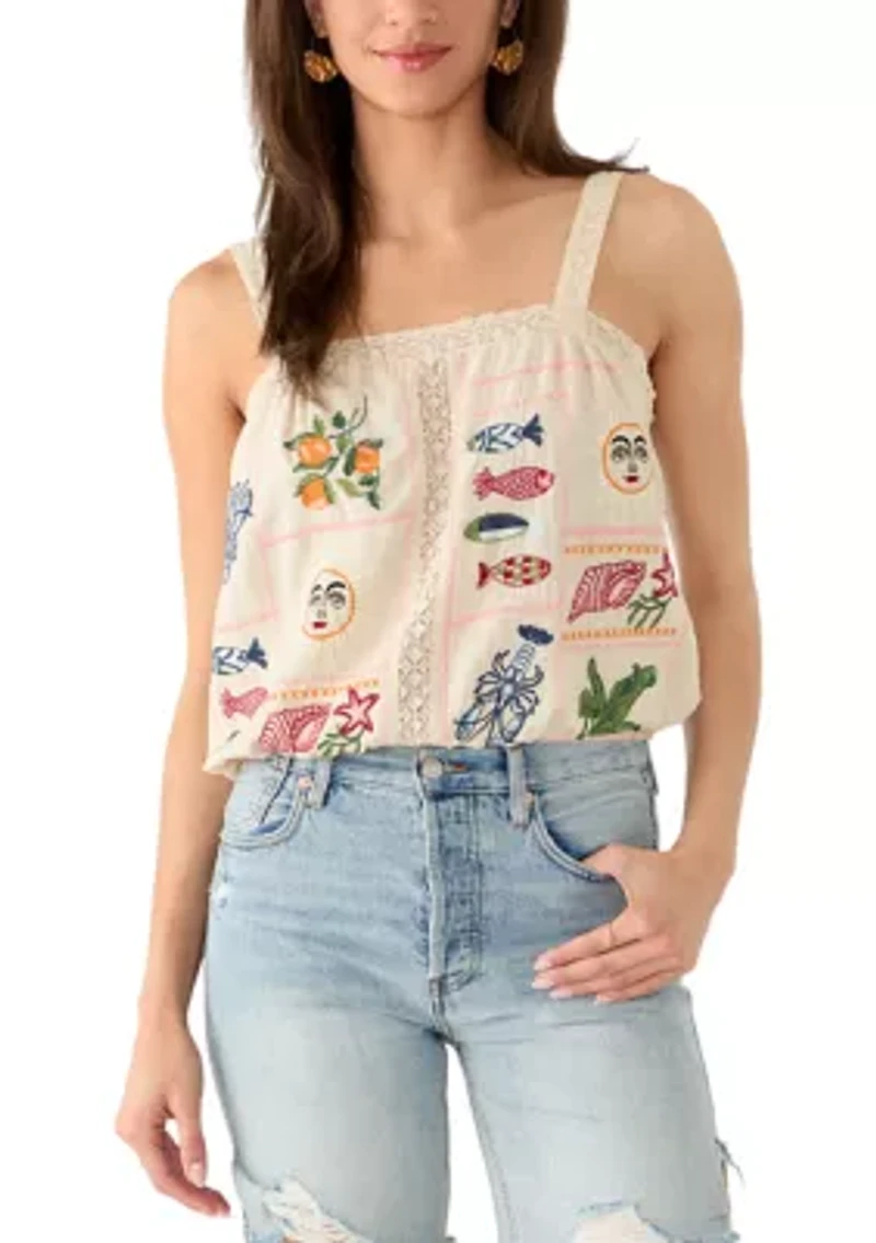 Square Neck Crochet Trim Embroidered Fish Tank