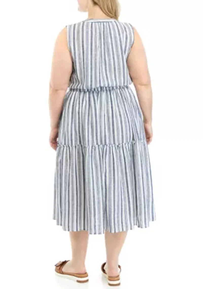 Plus Sleeveless Stripe Tie Waist Midi Dress