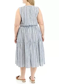 Plus Sleeveless Stripe Tie Waist Midi Dress