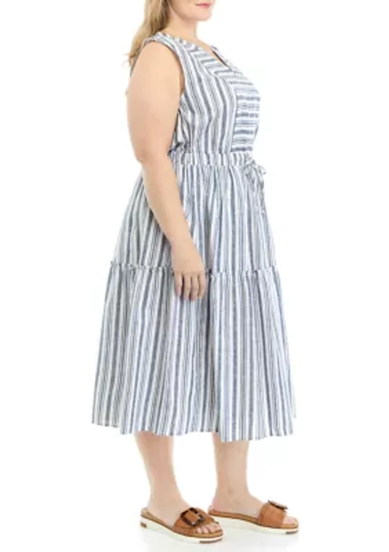Plus Sleeveless Stripe Tie Waist Midi Dress