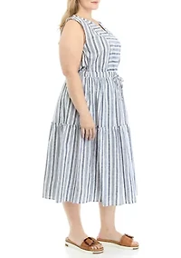 Plus Sleeveless Stripe Tie Waist Midi Dress