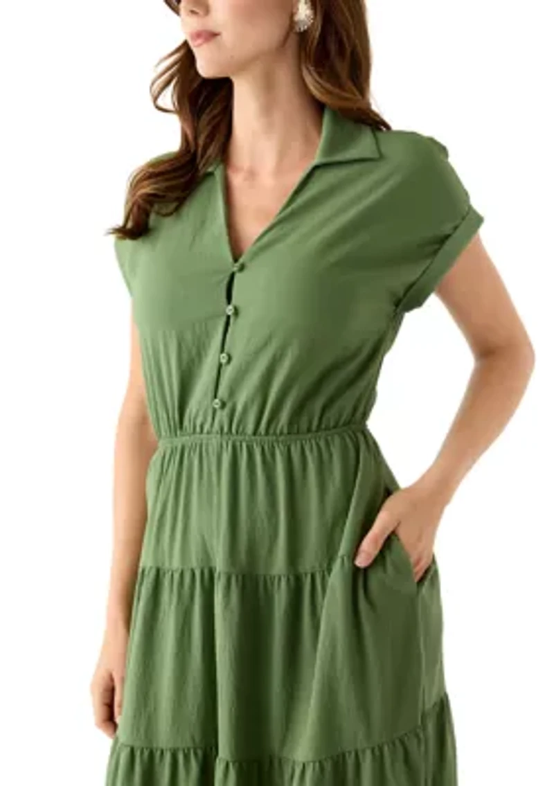 Women's Short Sleeve Tiered Shirtdress
