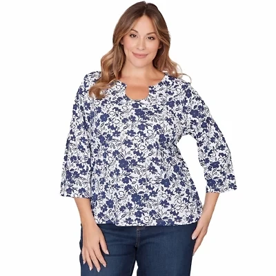 PRINTED STRETCH JERSEY 3/4 SLEEVE HORSESHOE NECK TOP