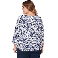 PRINTED STRETCH JERSEY 3/4 SLEEVE HORSESHOE NECK TOP