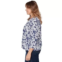 PRINTED STRETCH JERSEY 3/4 SLEEVE HORSESHOE NECK TOP