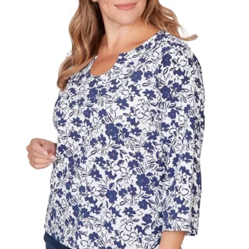 PRINTED STRETCH JERSEY 3/4 SLEEVE HORSESHOE NECK TOP