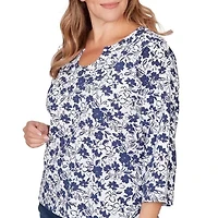 PRINTED STRETCH JERSEY 3/4 SLEEVE HORSESHOE NECK TOP