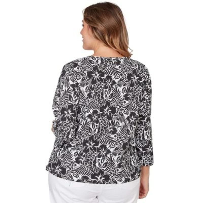 PRINTED STRETCH JERSEY 3/4 SLEEVE V-NECK TOP