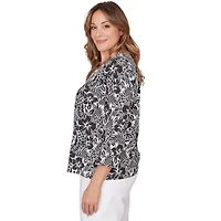 PRINTED STRETCH JERSEY 3/4 SLEEVE V-NECK TOP