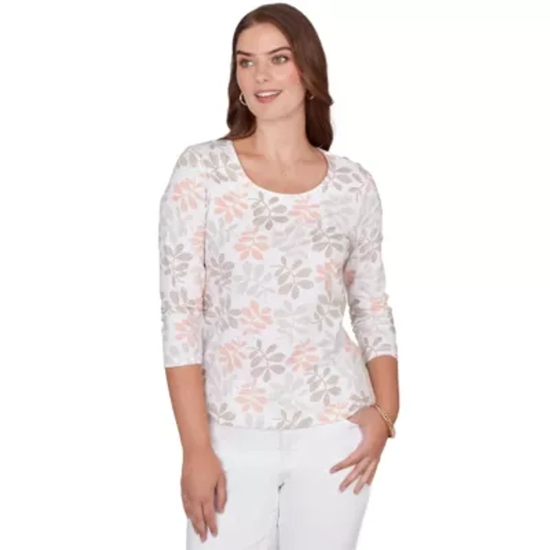 PRINTED STRETCH JERSEY 3/4 SLEEVE SCOOP NECK TOP