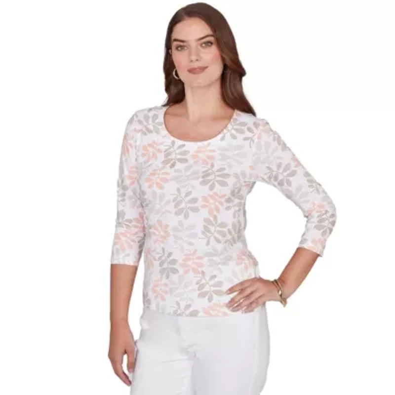 PRINTED STRETCH JERSEY 3/4 SLEEVE SCOOP NECK TOP