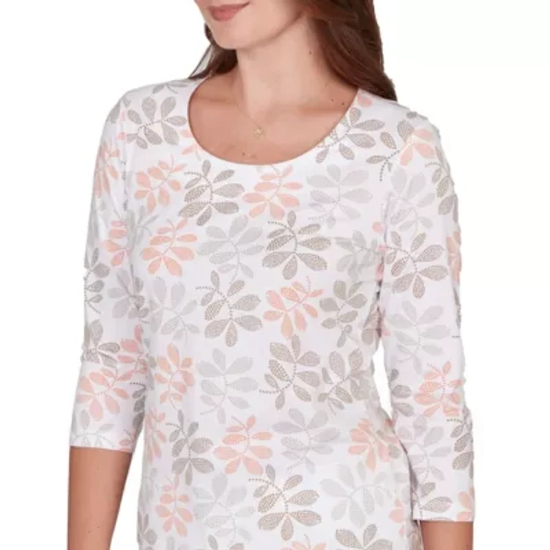 PRINTED STRETCH JERSEY 3/4 SLEEVE SCOOP NECK TOP