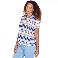 PRINTED POLY SLUB SHORT SLEEVE POLO BLOUSON TOP