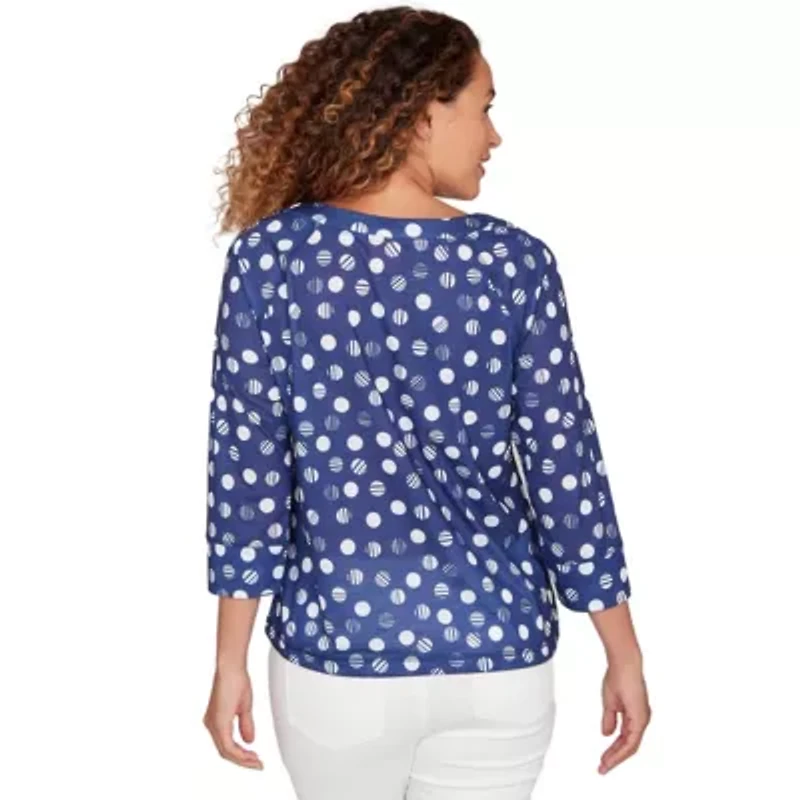 PRINTED POLY SLUB 3/4 SLEEVE GROMMET NECK BLOUSON