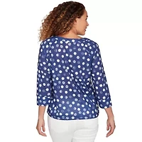 PRINTED POLY SLUB 3/4 SLEEVE GROMMET NECK BLOUSON