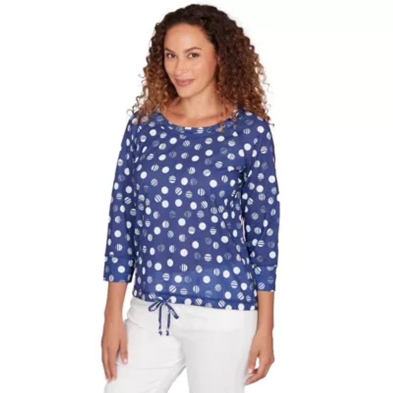 PRINTED POLY SLUB 3/4 SLEEVE GROMMET NECK BLOUSON