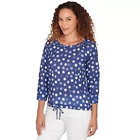 PRINTED POLY SLUB 3/4 SLEEVE GROMMET NECK BLOUSON