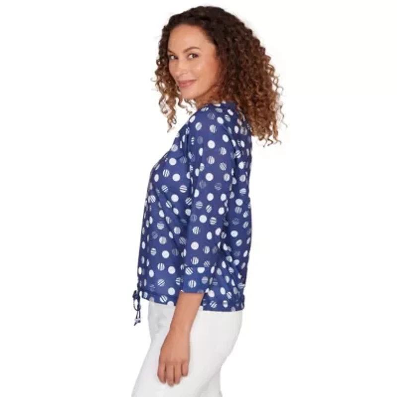 PRINTED POLY SLUB 3/4 SLEEVE GROMMET NECK BLOUSON