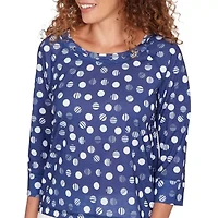 PRINTED POLY SLUB 3/4 SLEEVE GROMMET NECK BLOUSON