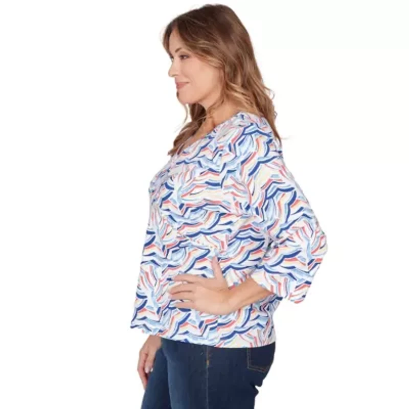 PRINTED JERSEY SURPLICE TOP WITH 3/4 SLEEVES