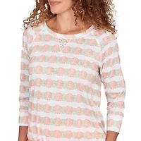 PRINTED POLY SLUB 3/4 SLEEVE BLOUSON TOP