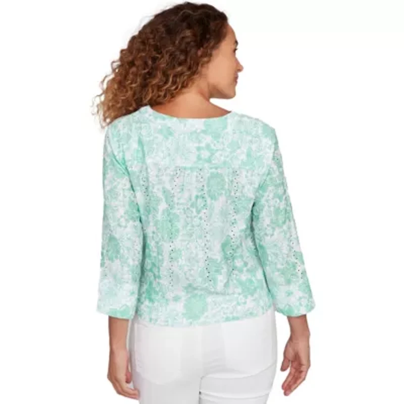 PRINTED EYELET GAUZE TIE FRONT TOP WITH 3/4 SLEEVES