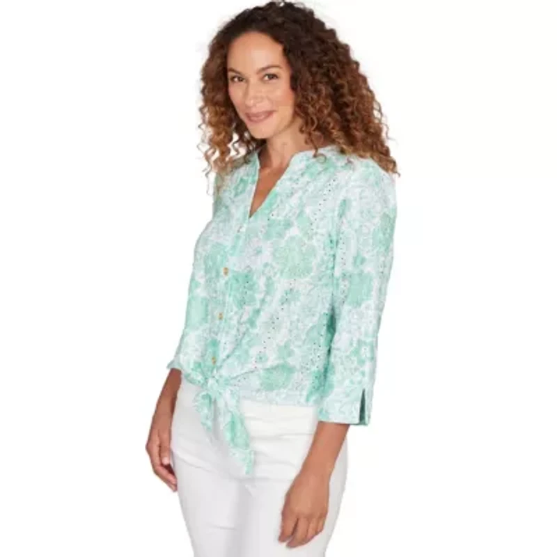 PRINTED EYELET GAUZE TIE FRONT TOP WITH 3/4 SLEEVES