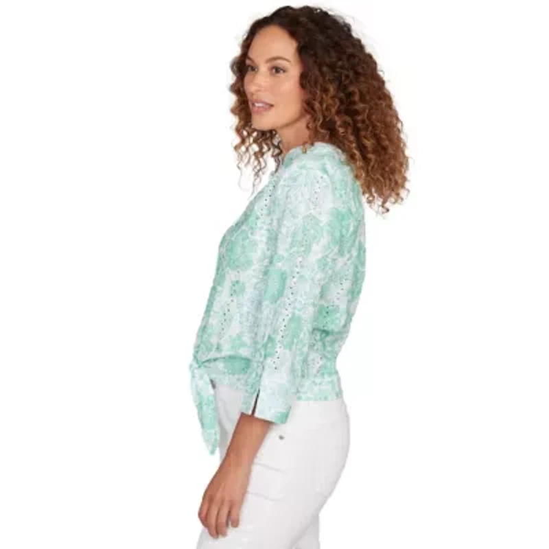 PRINTED EYELET GAUZE TIE FRONT TOP WITH 3/4 SLEEVES