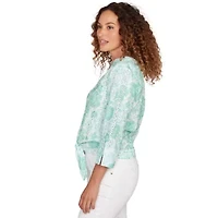 PRINTED EYELET GAUZE TIE FRONT TOP WITH 3/4 SLEEVES