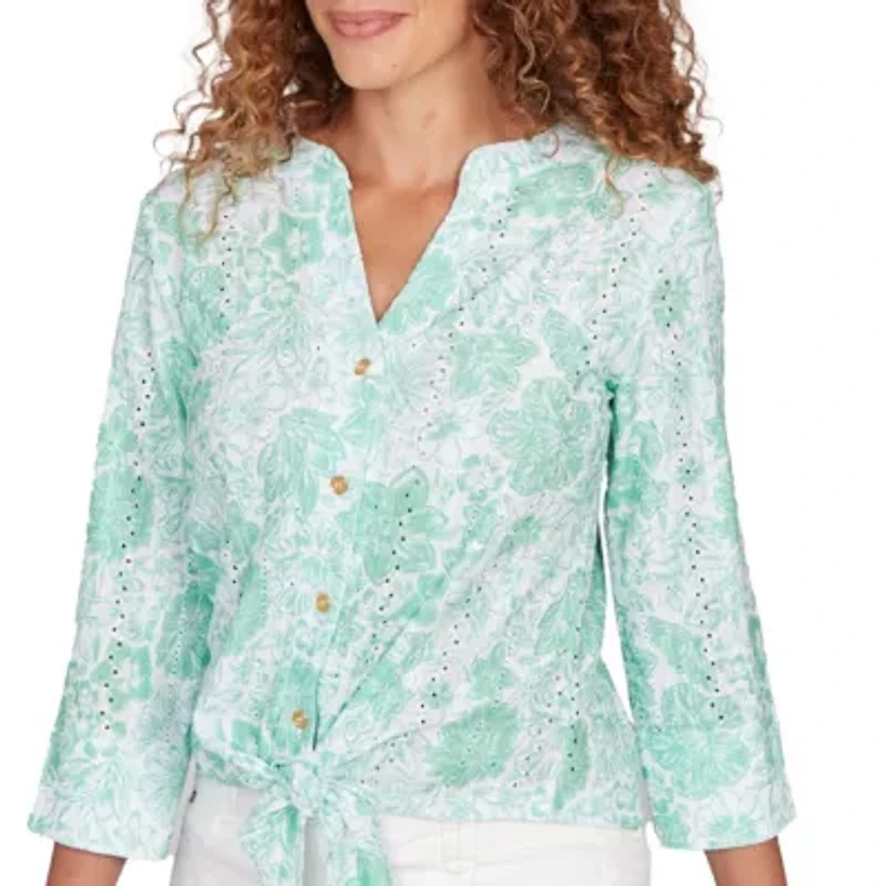 PRINTED EYELET GAUZE TIE FRONT TOP WITH 3/4 SLEEVES