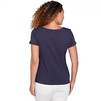 SOLID SHORT SLEEVE TOP WITH KISSING KEYHOLE NECKLINE