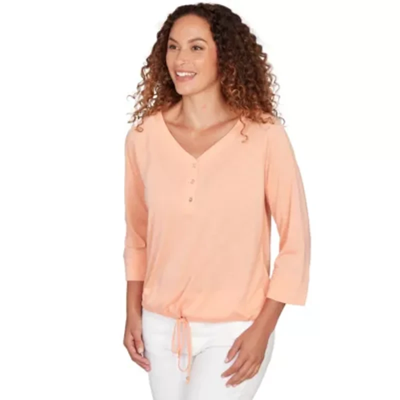 SOLID POLY SLUB 3/4 SLEEVE HENLEY BLOUSON