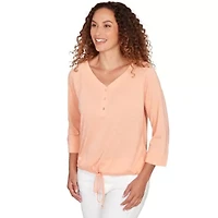 SOLID POLY SLUB 3/4 SLEEVE HENLEY BLOUSON