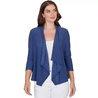 SOLID EYELET CASCADE CARDIGAN WITH 3/4 SLEEVES