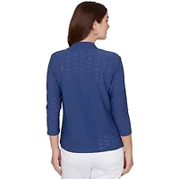 SOLID EYELET CASCADE CARDIGAN WITH 3/4 SLEEVES