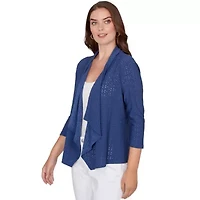 SOLID EYELET CASCADE CARDIGAN WITH 3/4 SLEEVES