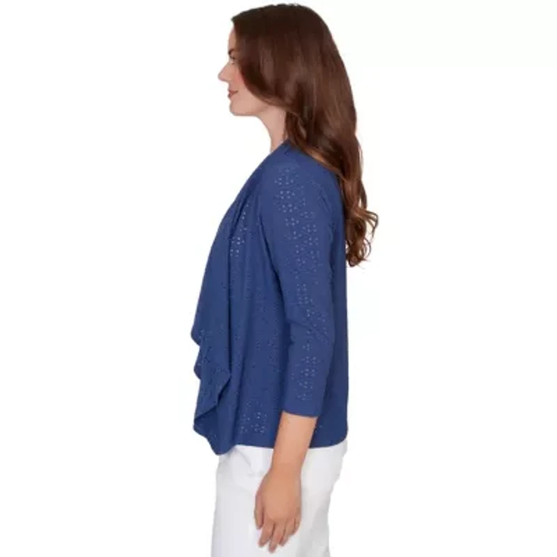 SOLID EYELET CASCADE CARDIGAN WITH 3/4 SLEEVES
