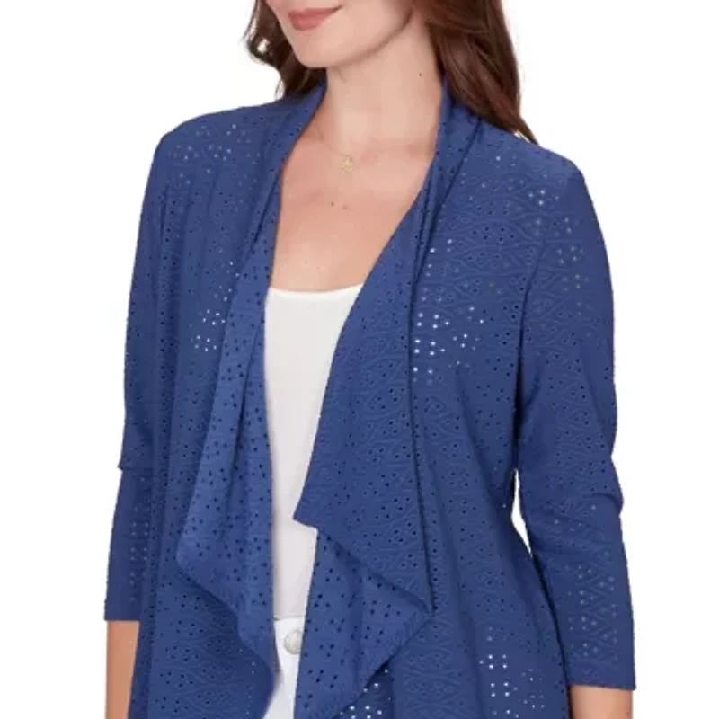 SOLID EYELET CASCADE CARDIGAN WITH 3/4 SLEEVES