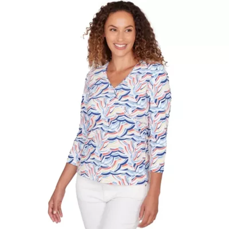 PRINTED JERSEY SURPLICE TOP WITH 3/4 SLEEVES