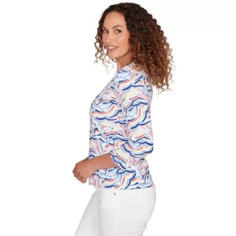 PRINTED JERSEY SURPLICE TOP WITH 3/4 SLEEVES
