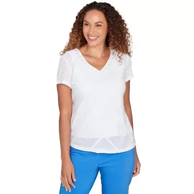 SOLID WAVY STRIPE SHORT SLEEVE TOP WITH EMBELLISHMENT