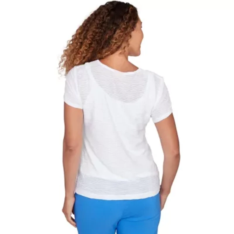 SOLID WAVY STRIPE SHORT SLEEVE TOP WITH EMBELLISHMENT