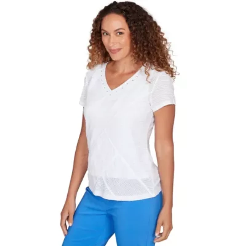 SOLID WAVY STRIPE SHORT SLEEVE TOP WITH EMBELLISHMENT