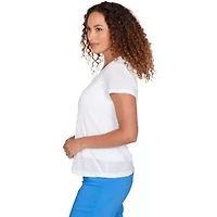 SOLID WAVY STRIPE SHORT SLEEVE TOP WITH EMBELLISHMENT