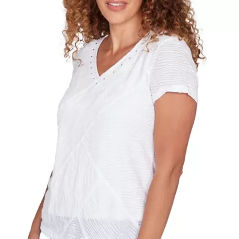 SOLID WAVY STRIPE SHORT SLEEVE TOP WITH EMBELLISHMENT