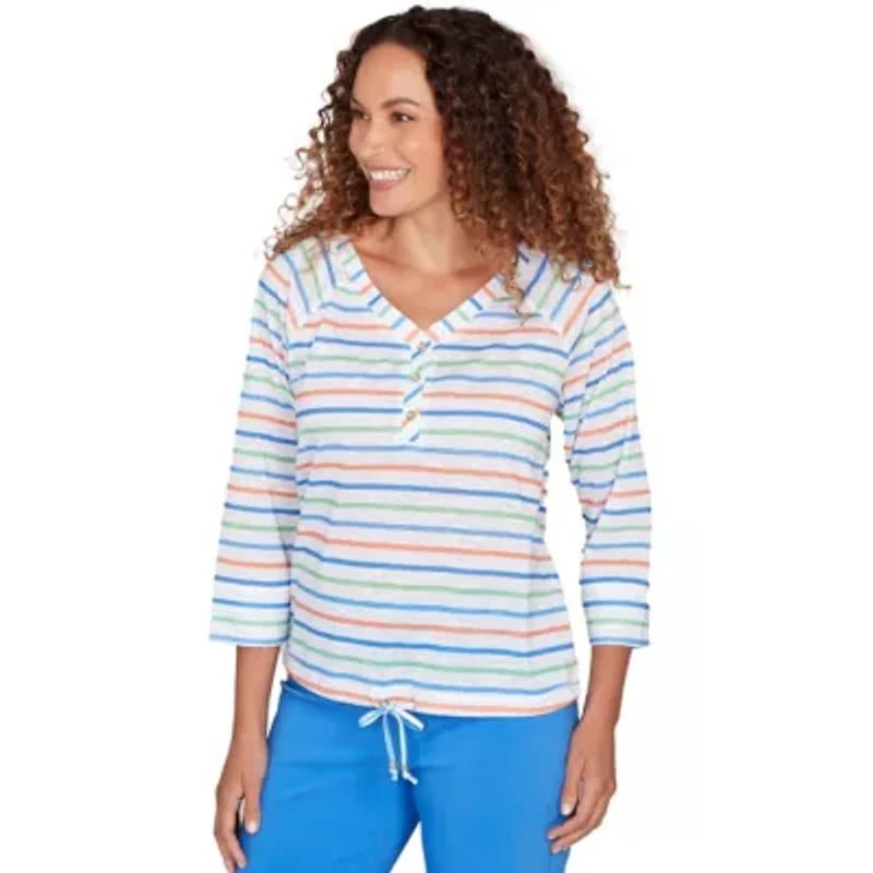 PRINTED POLY SLUB 3/4 SLEEVE HENLEY BLOUSON TOP