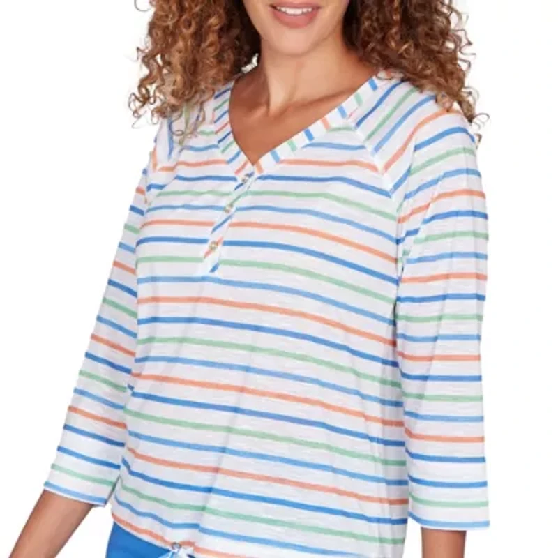 PRINTED POLY SLUB 3/4 SLEEVE HENLEY BLOUSON TOP